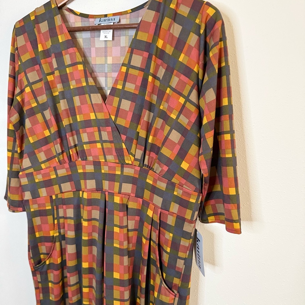 Karina Plaid Faux Wrap Dress Fall Colors Stretch Travel Dress M - Picture 10 of 12